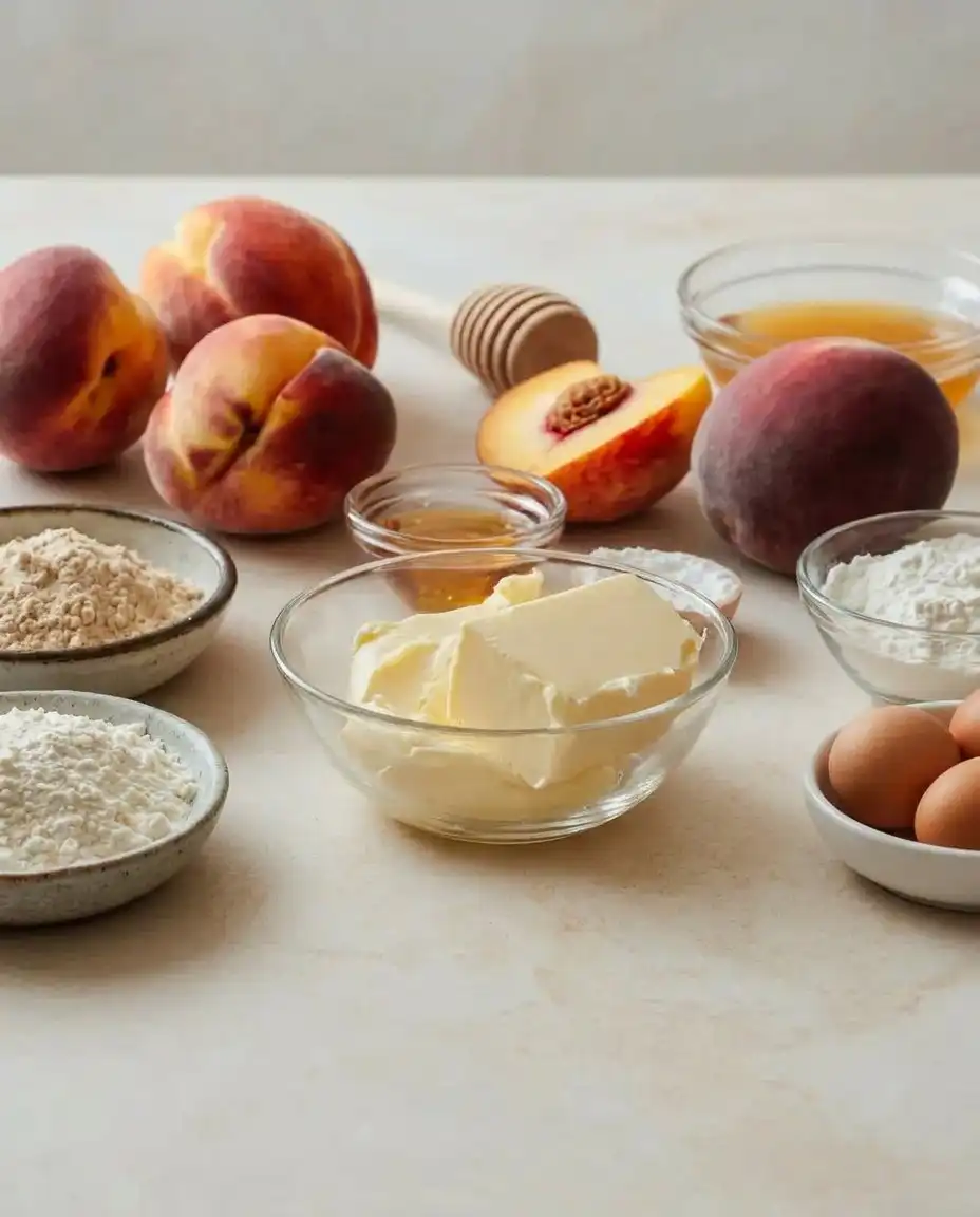 Ingredients for peach cheesecake including honey cream cheese and fresh peaches