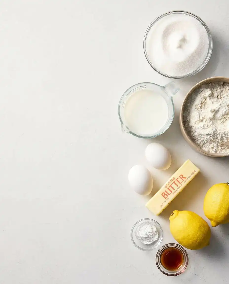Fresh lemons, buttermilk, cake flour, and lemon zest arranged on a wooden table.