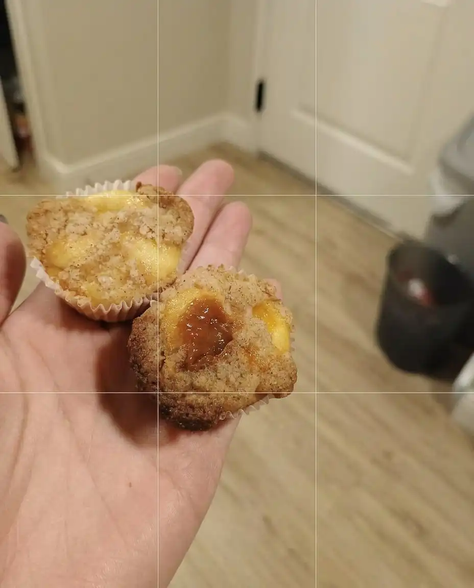 Close up of muffin batter with visible peach chunks and cinnamon swirls