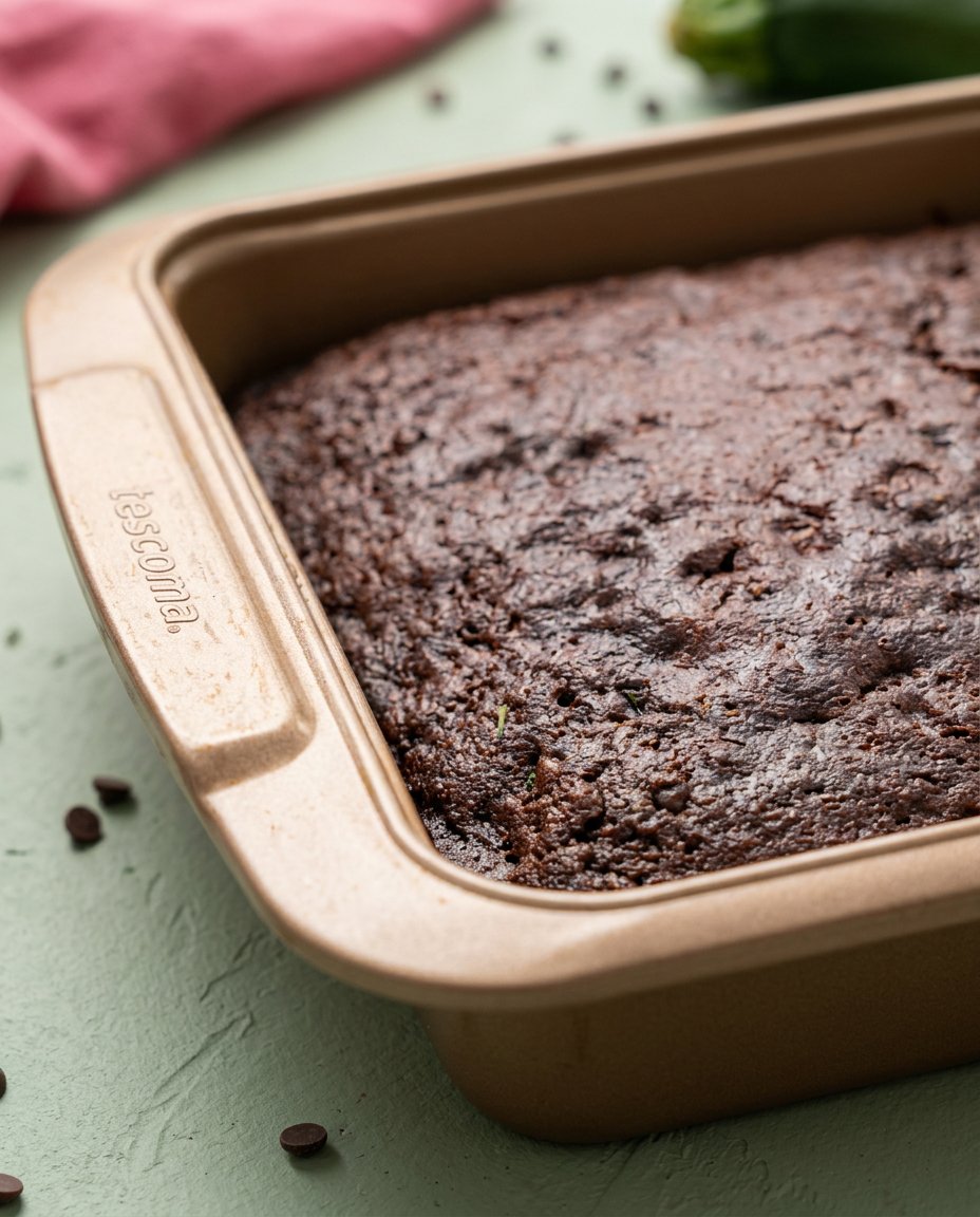 Moist Chocolate Zucchini Cake 12 A slice of Moist Chocolate Zucchini Cake with a glossy ganache topping on a rustic wooden table.
