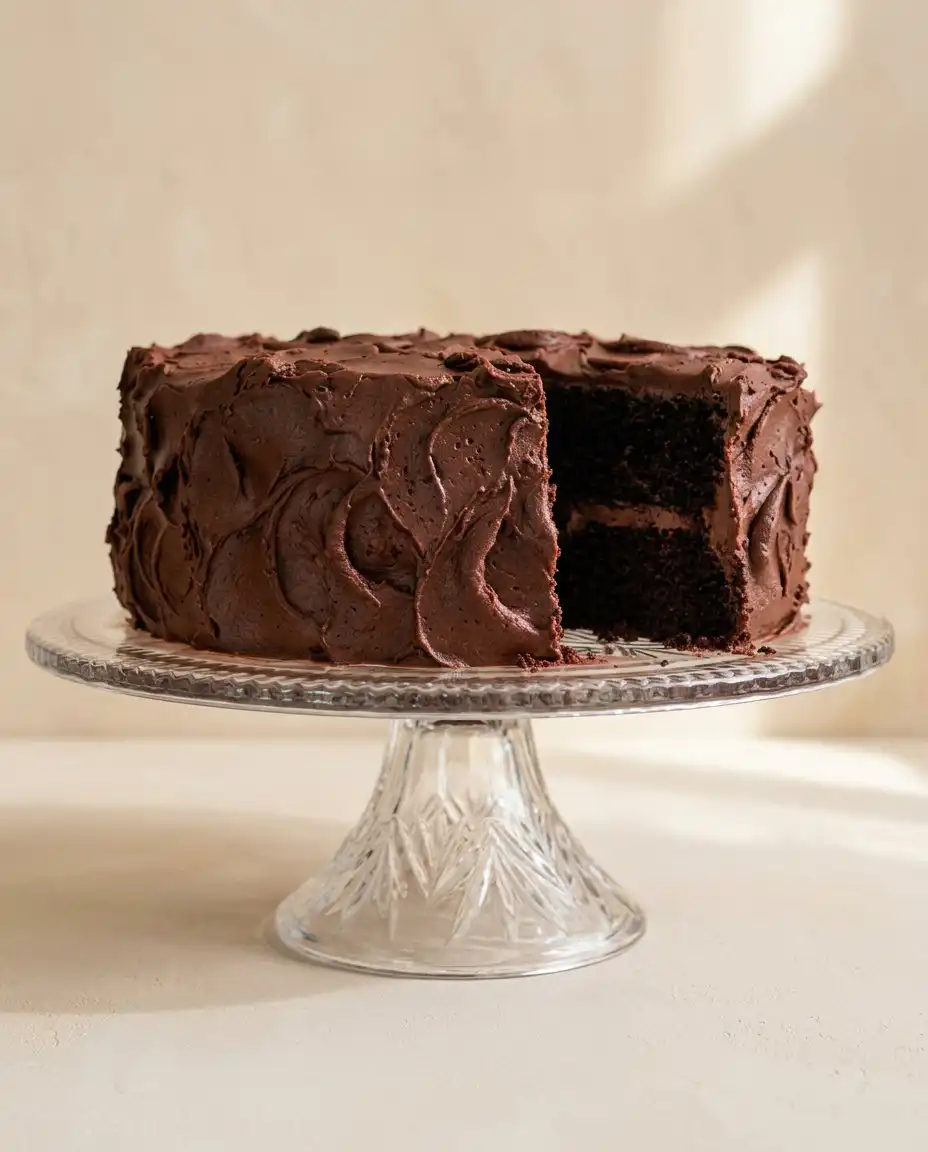 Devil's Food Layer Cake 12 A close up view of a sliced moist Devil's Food Layer Cake on a cake stand.