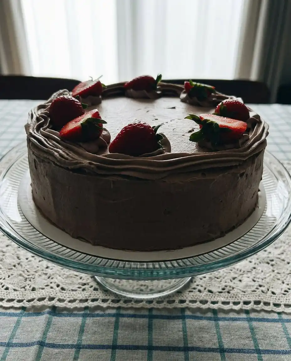 Strawberry Chocolate Cake 10 A four-layer strawberry chocolate cake with pink frosting and fresh berries