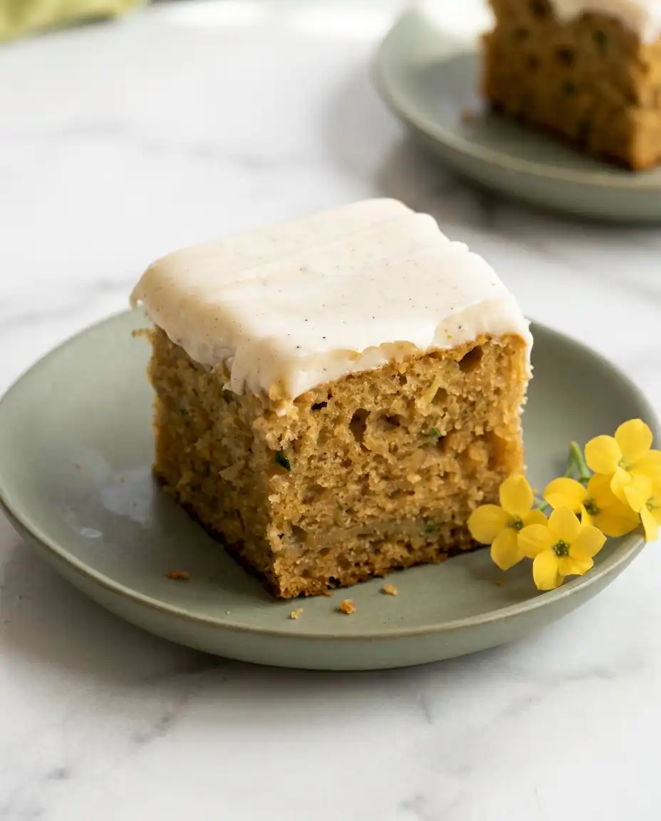 Zucchini Cake 12 A close up of a slice of Zucchini Cake with thick cream cheese frosting.