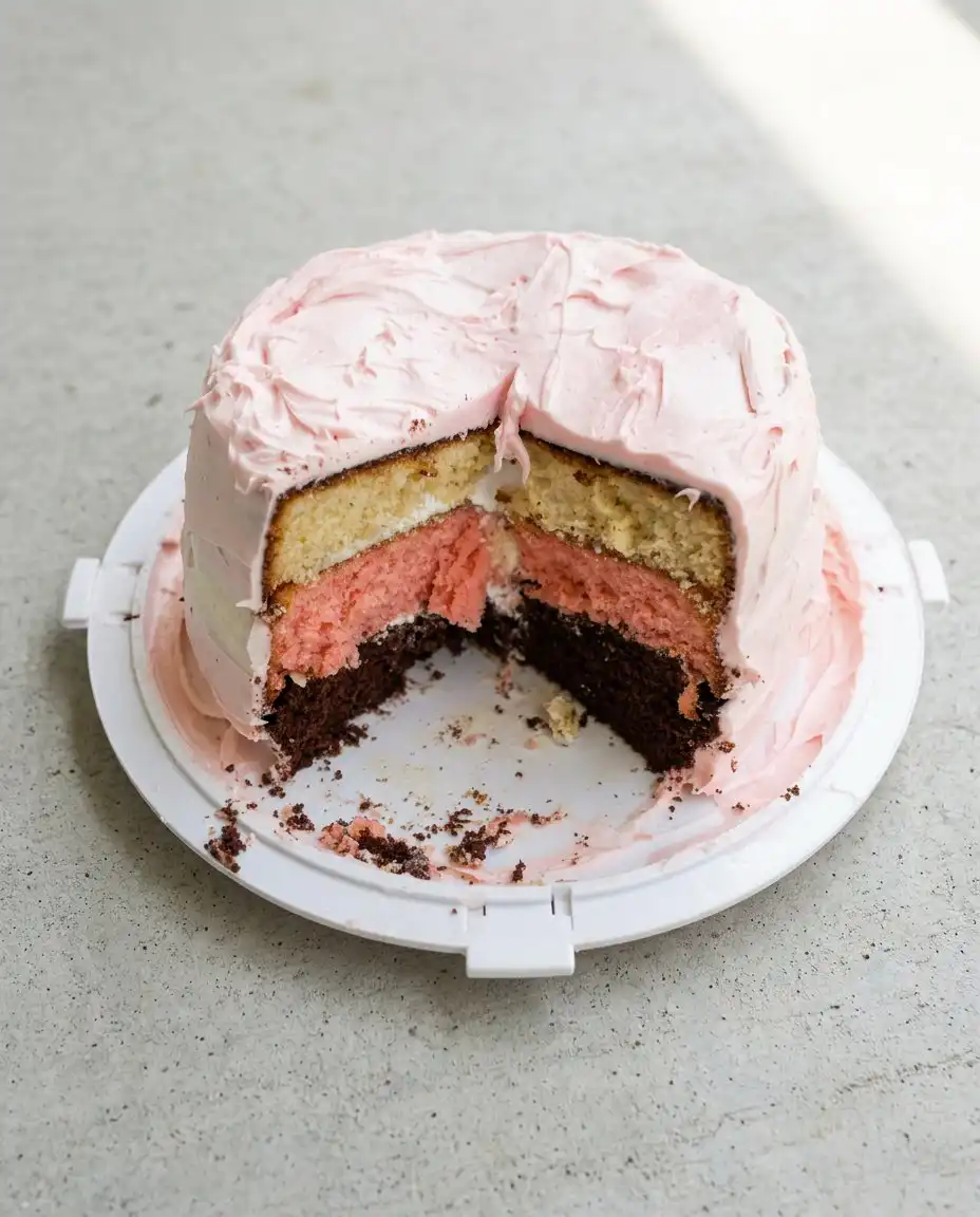 Neapolitan Anniversary Cake 12 A tall sliced Neapolitan Anniversary Cake showing distinct chocolate vanilla and strawberry layers