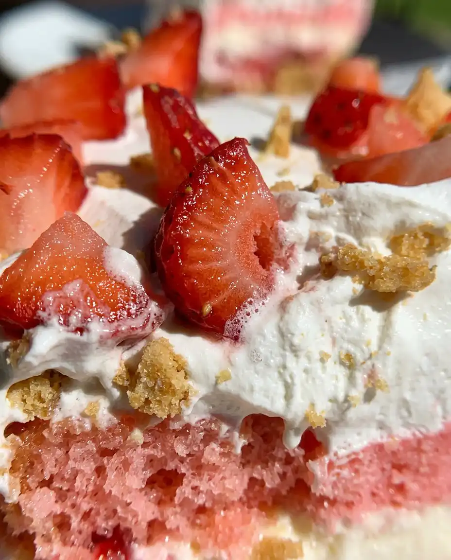 No-Bake Strawberry Dream 10 Side view of No-Bake Strawberry Dream showing distinct graham crust and cream layers