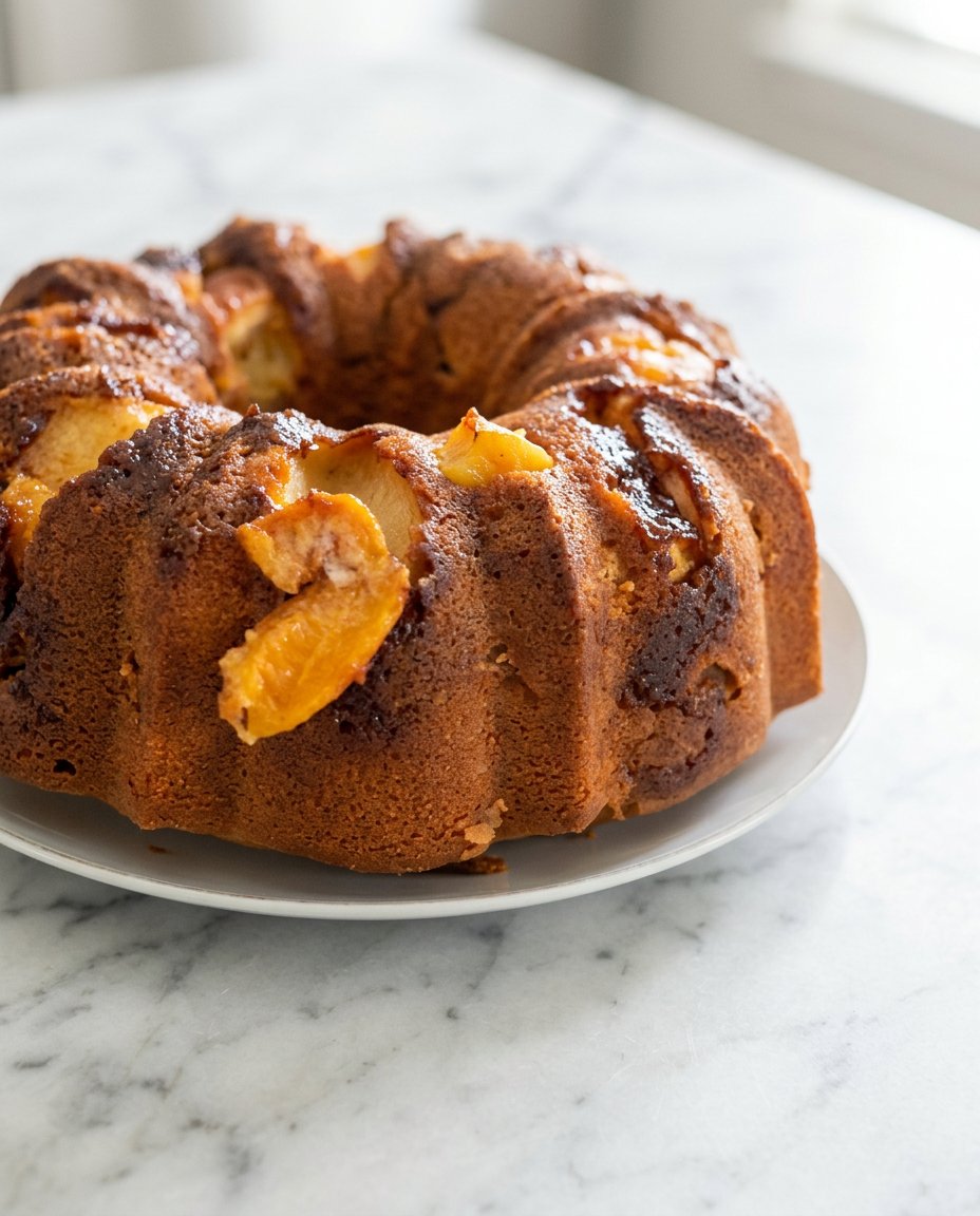Old-Fashioned Peach Cobbler Pound Cake Recipe 12 A thick slice of Old-Fashioned Peach Cobbler Pound Cake Recipe on a white plate.