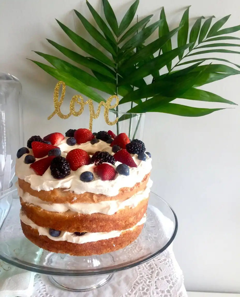 A finished red white and blue angel food cake served on a white platter with mint leaves