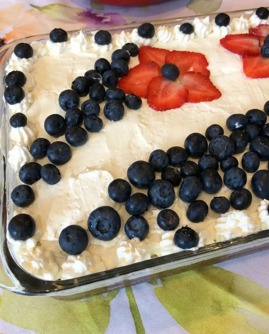 Easy 4th of July Brownies 10 Close up of Easy 4th of July Brownies with strawberry stars and blueberry tails
