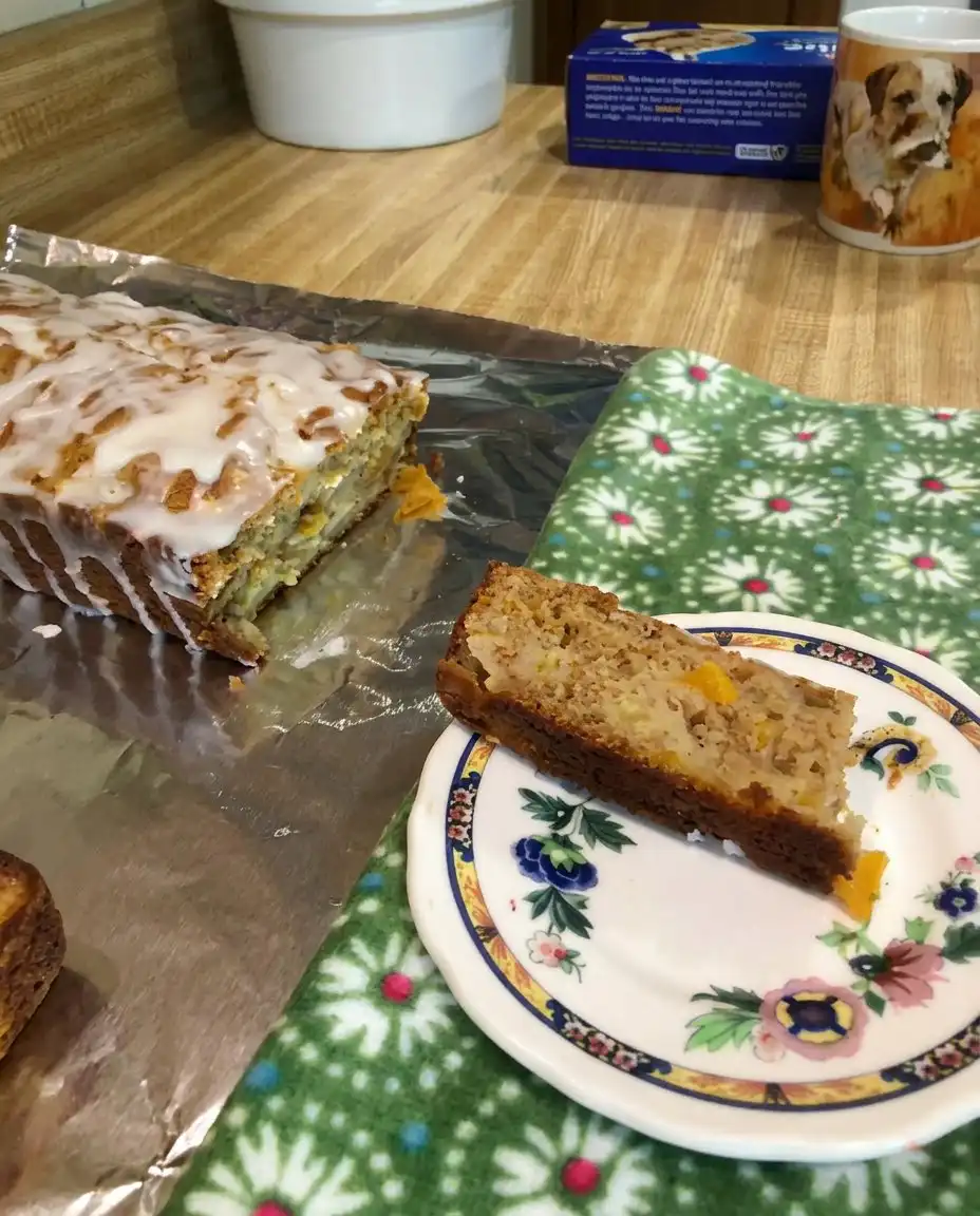 Heavenly Peach Bread 14 A slice of peach bread next to a cup of Turkish coffee