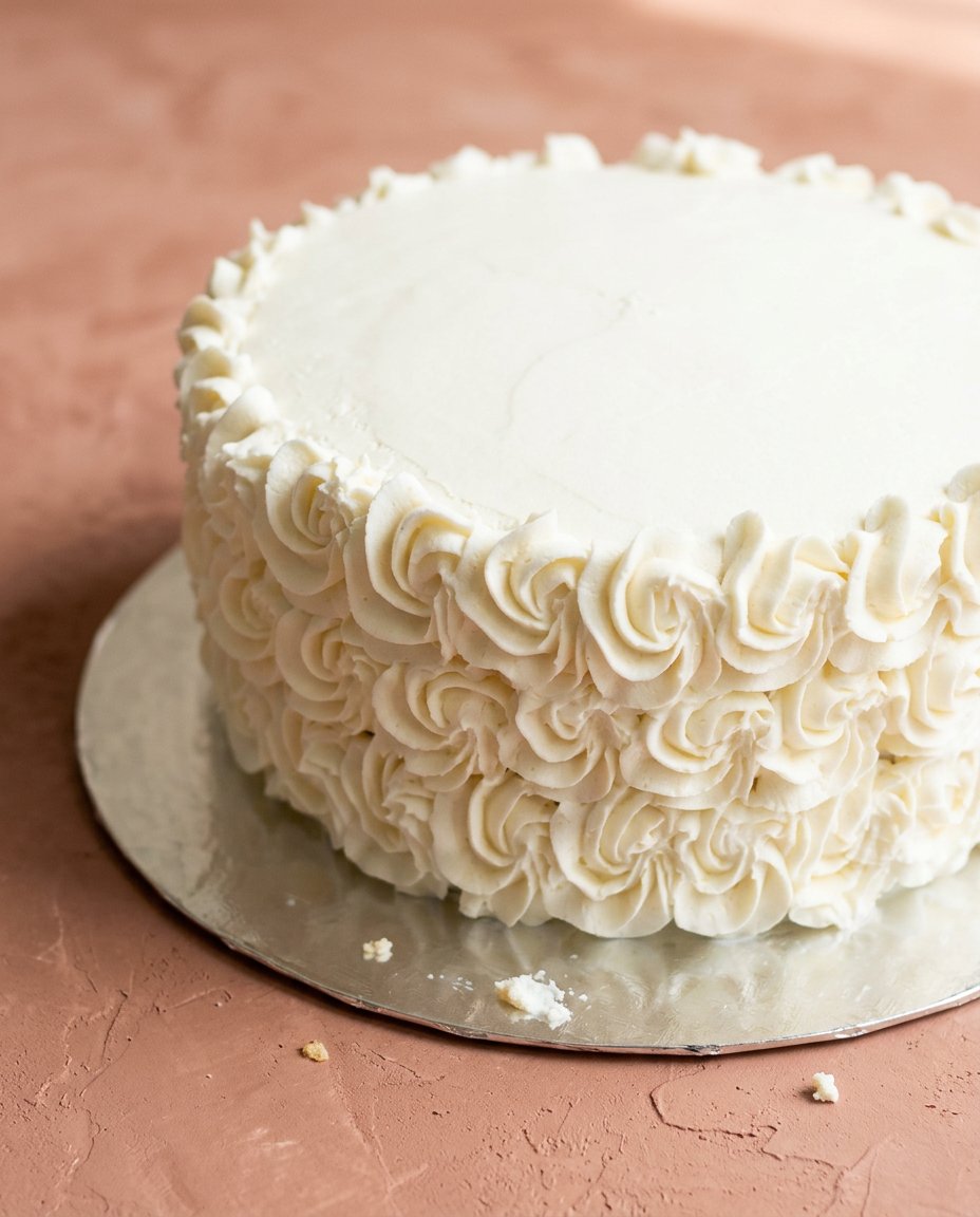 Peach Buttercream Birthday Cake 12 A professional Peach Buttercream Birthday Cake featuring intricate floral rosettes and a soft hue.