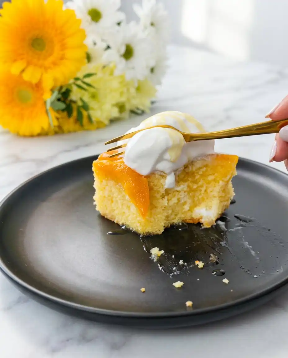 Brown Sugar Peach Upside Down Cake 16 A slice of brown sugar peach upside down cake next to a cup of coffee