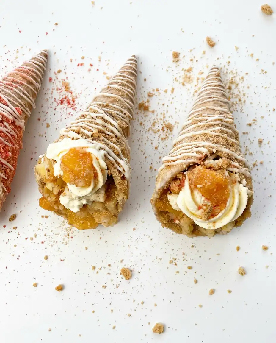 Peach Cobbler Cheesecake Cones served on a wooden board with coffee