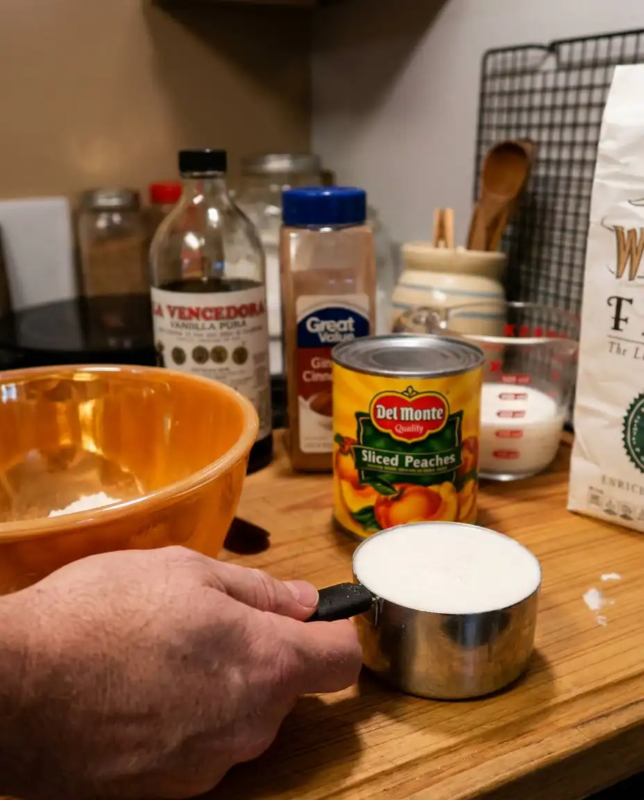 Ingredients for peach cobbler including flour sugar milk and canned peaches