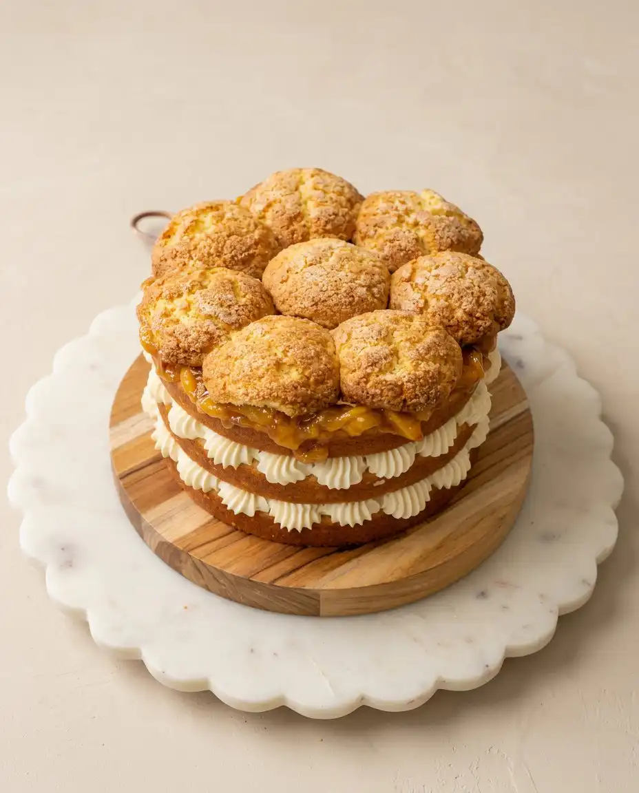 Peach Cobbler Layer Cake 12 A multi tiered Peach Cobbler Layer Cake showing the distinct fruit filling and cornmeal sponge.