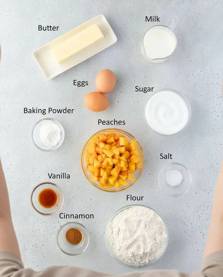 Ingredients for peach cobbler muffins including flour, sugar, butter, and canned peaches.
