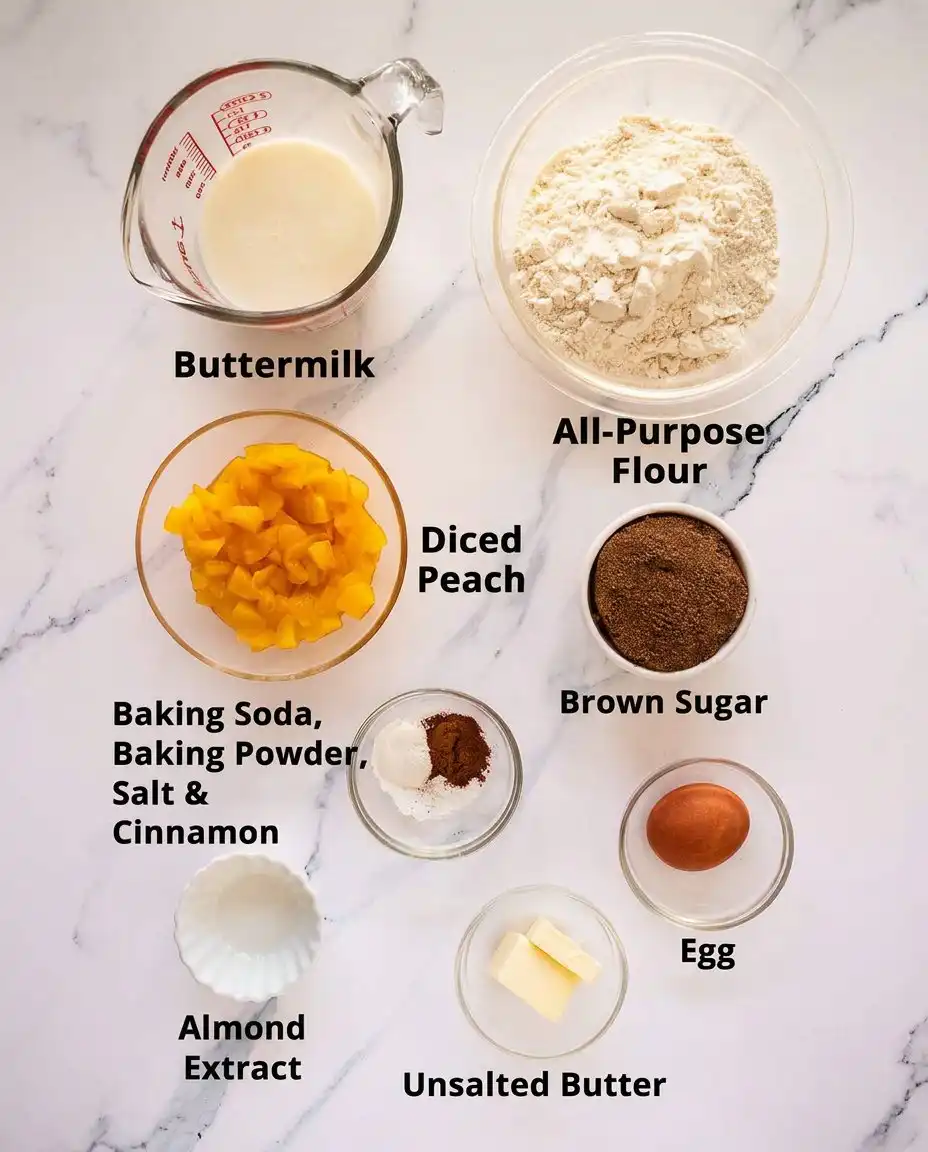 Ingredients for peach muffins including flour sugar eggs and fresh diced peaches