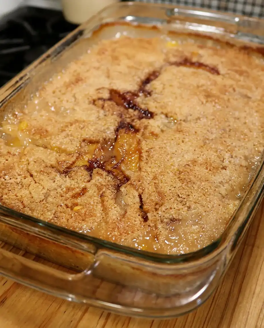 A bowl of warm peach cobbler topped with melting vanilla ice cream