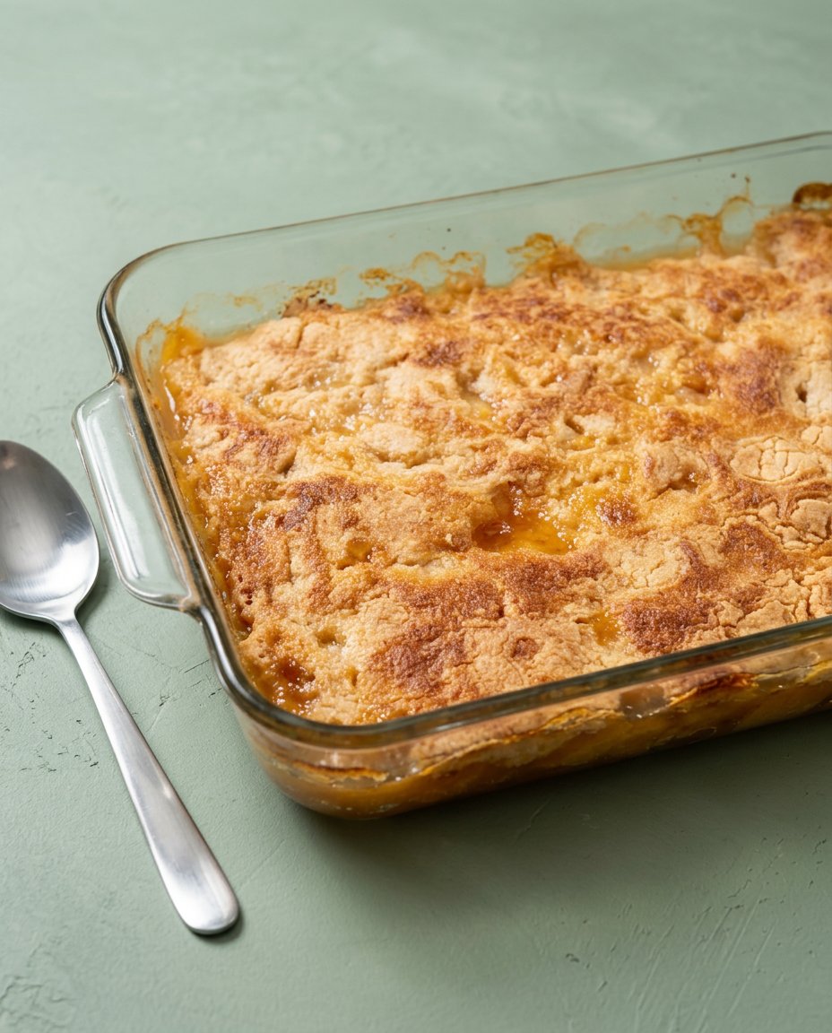 Peach Cobbler with Yellow Cake Mix 12 A golden Peach Cobbler with Yellow Cake Mix in a white baking dish showing bubbly syrup.