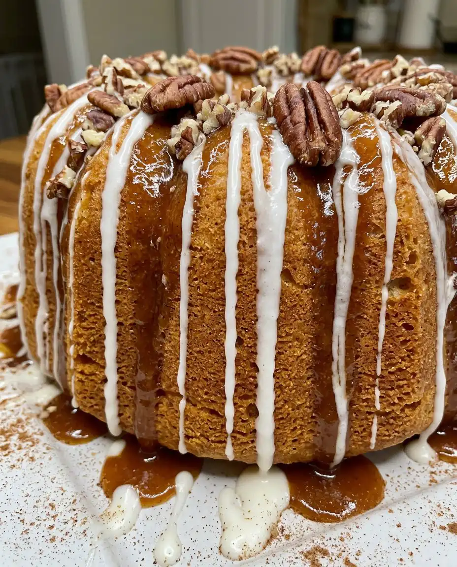 Peach Cobbler Pound Cake 2 14 The finished Peach Cobbler Pound Cake 2 with a double glaze and white drip.