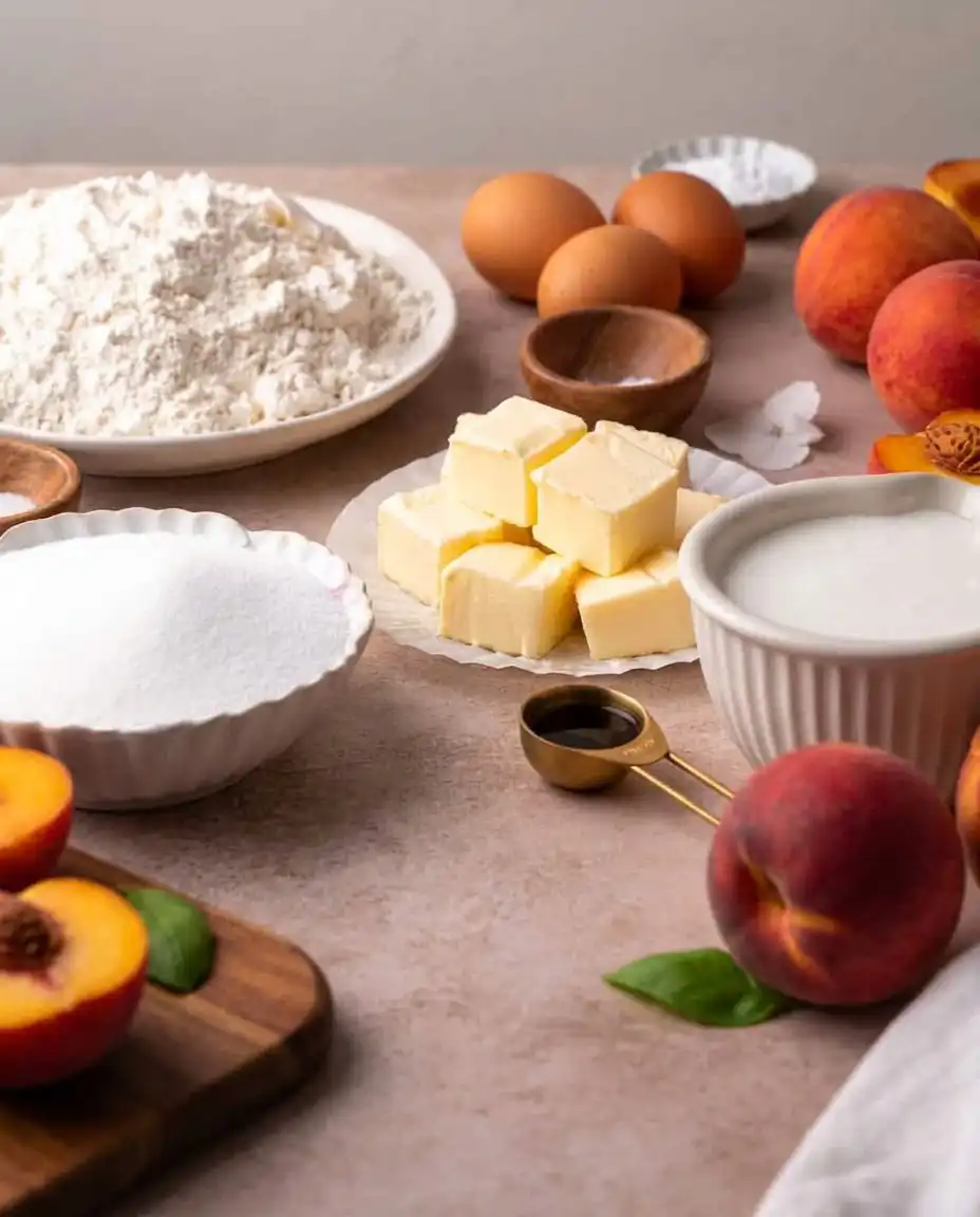 Baking ingredients including cake flour, buttermilk, fresh peaches, and vanilla bean paste.