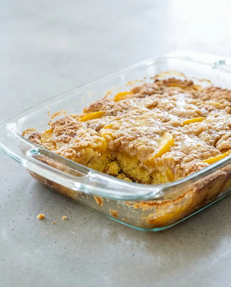 3-Ingredient Peach Cobbler Dump Cake 14 A close up of sliced peaches in light syrup covered by a layer of 3-Ingredient Peach Cobbler Dump Cake mix.