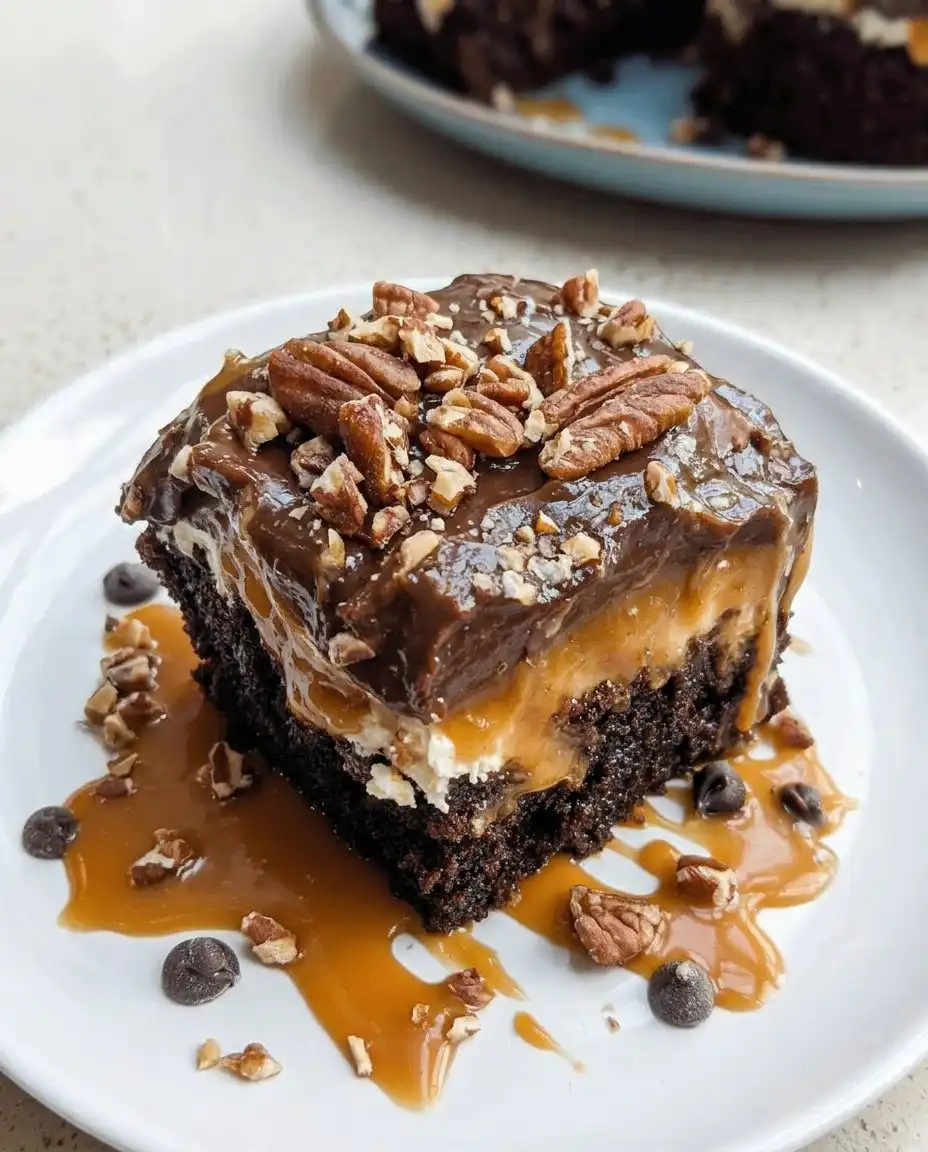 Chocolate Turtle Cake 13 A cake topped with whipped cream pecans and chocolate chips