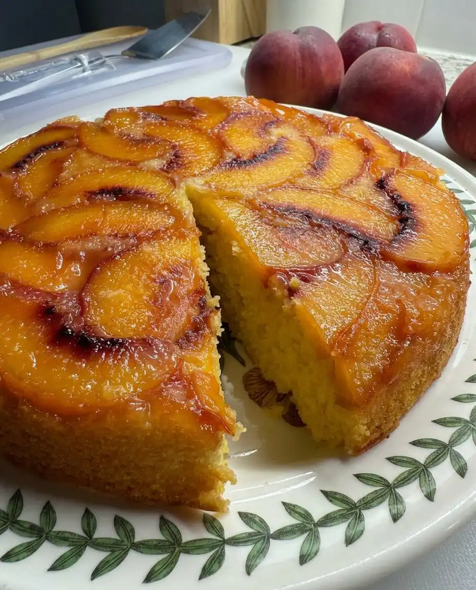 Ina Garten Peach Cake 13 A golden brown peach cake sitting in a 9 inch cake pan