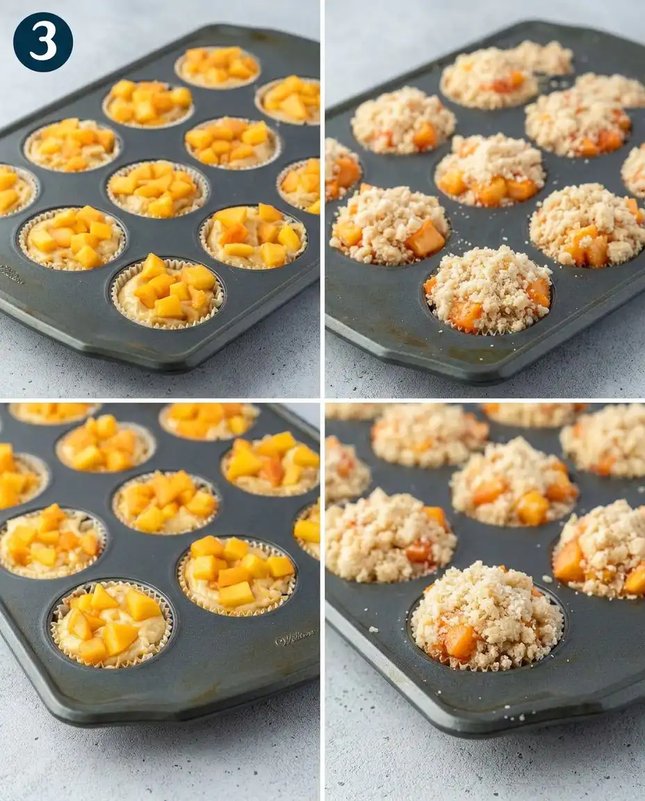 Peach cobbler muffins rising in a muffin tin inside an oven