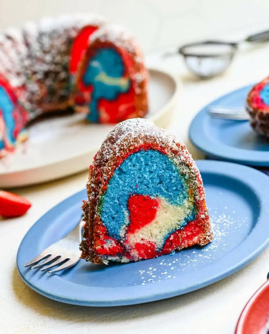 A perfectly sliced portion of marble cake showing clear red white and blue sections