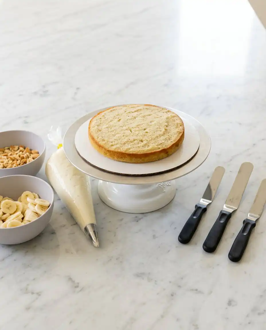 A pastry bag piping a thick buttercream dam around the edge of a Banana Pudding Layer Cake tier.
