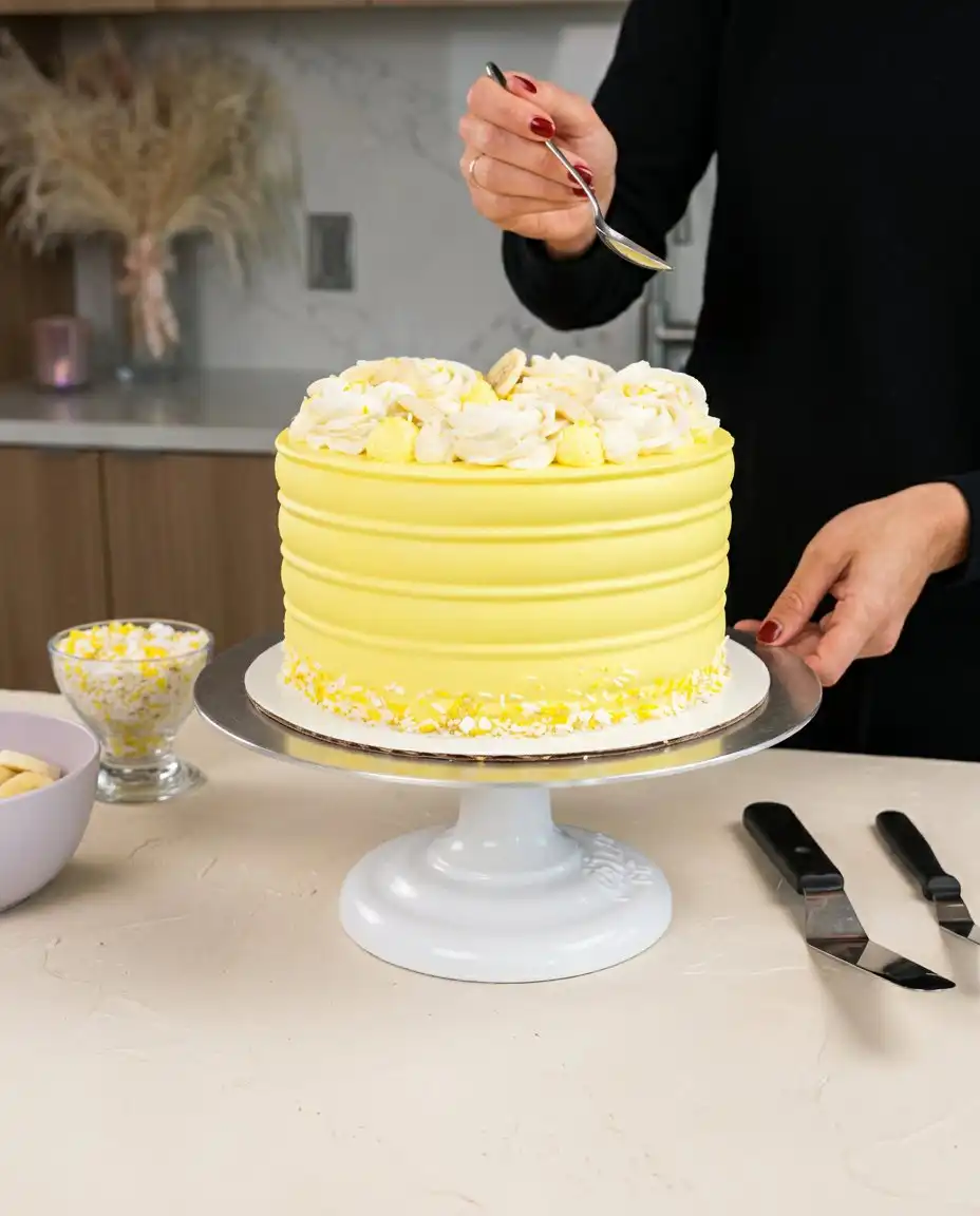 The finished Banana Pudding Layer Cake decorated with buttercream swirls and vanilla wafers.