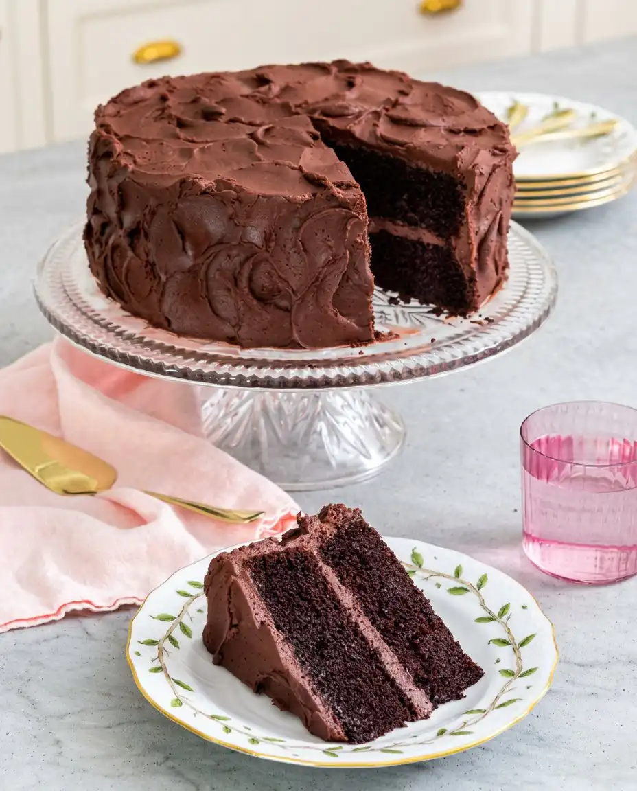Devil's Food Layer Cake 16 A plated slice of Devil's Food Layer Cake with a fork.