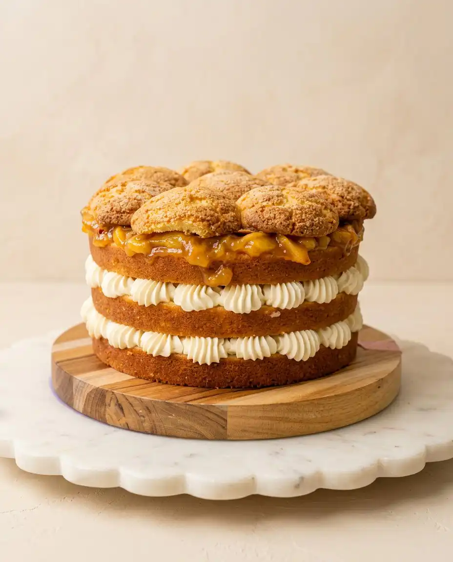 Peach Cobbler Layer Cake 16 A single slice of Peach Cobbler Layer Cake on a white plate.
