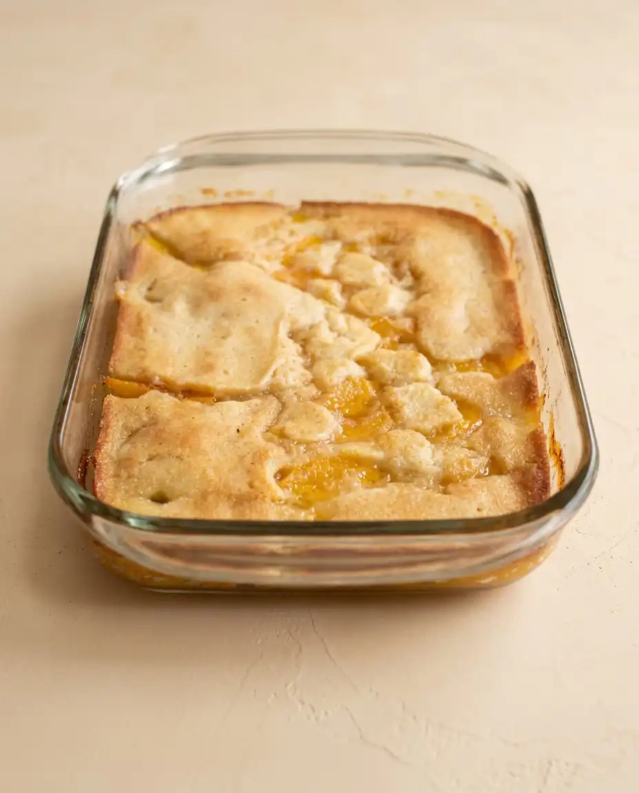 A served slice of peach cobbler with canned peaches topped with melting vanilla ice cream.