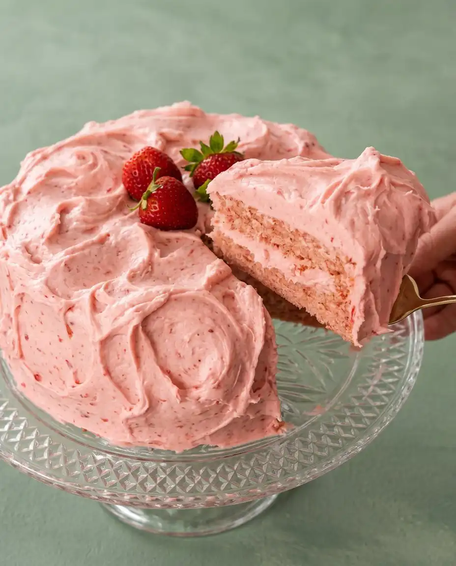 Strawberry Cake 16 A single slice of strawberry cake with cream cheese frosting on a white dessert plate.