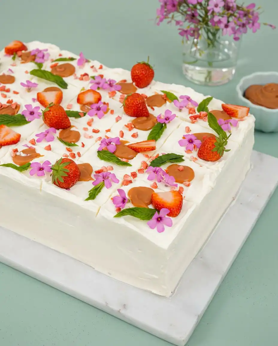A single square of the Best Strawberry Sheet Cake served on a white porcelain plate.