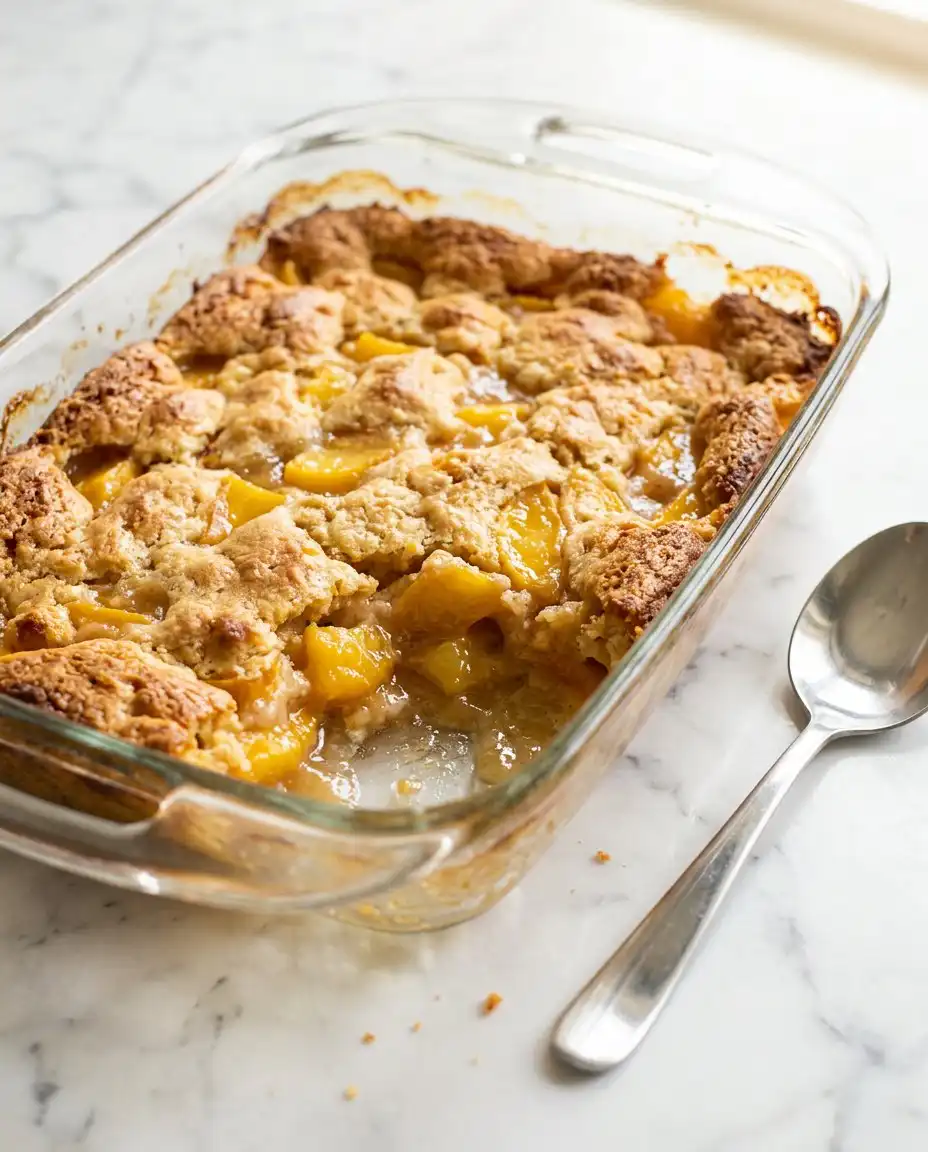 Creamy batter being poured into a baking dish for peach cobbler with canned peaches.