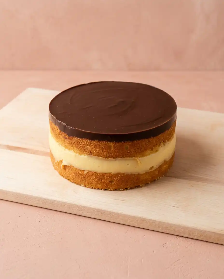 Chocolate ganache being poured over a Two-Layer Boston Cream Cake for a glossy finish.