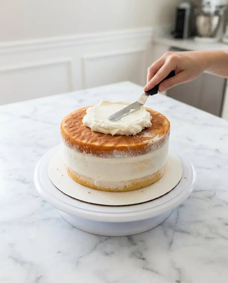 An offset spatula smoothing pink frosting on a Rose Water Layer Cake.