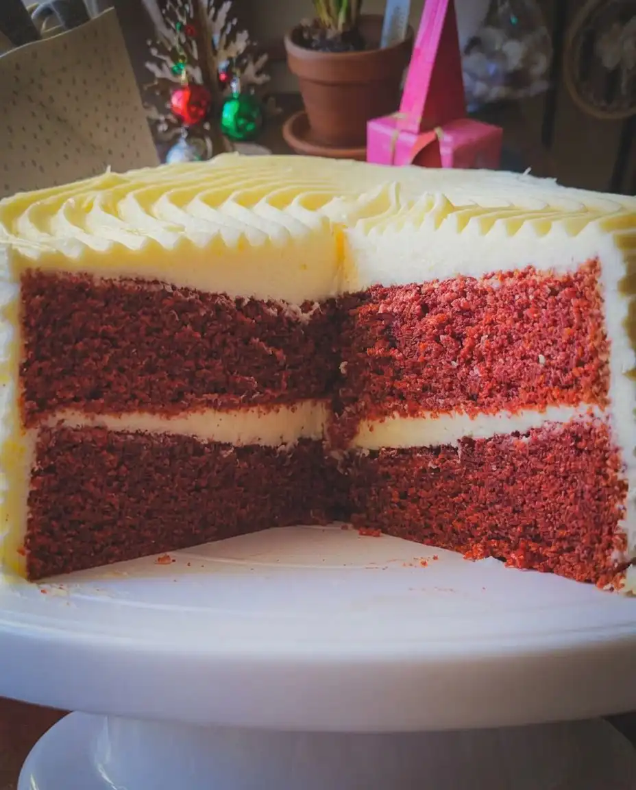 A whole red velvet cake served with a cup of traditional Turkish coffee