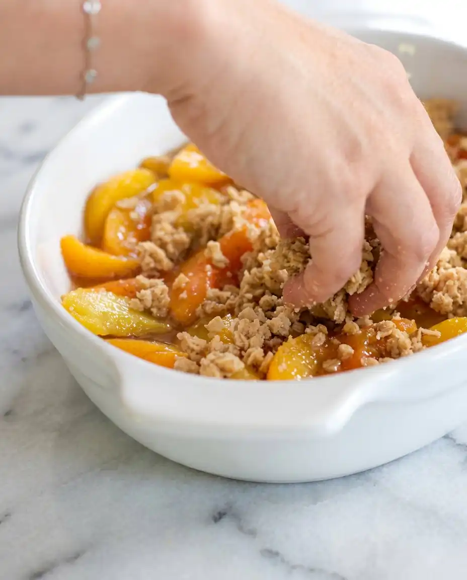 Peach Crisp 15 Hands rubbing butter into a mixture of oats and flour for a Peach Crisp topping.