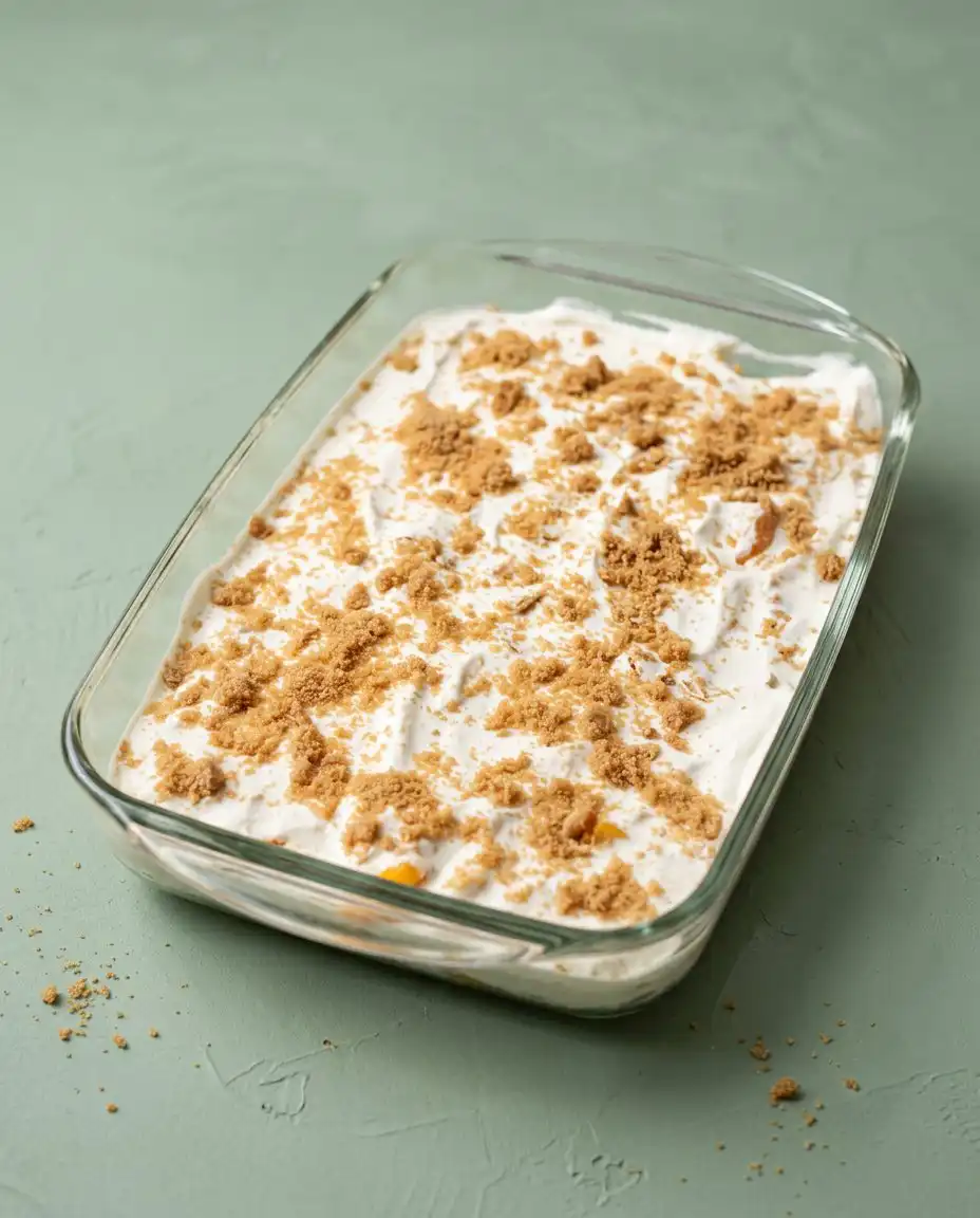 Uniform slices of cold butter placed over a layer of Canned Peach Dump Cake with Yellow Cake Mix.