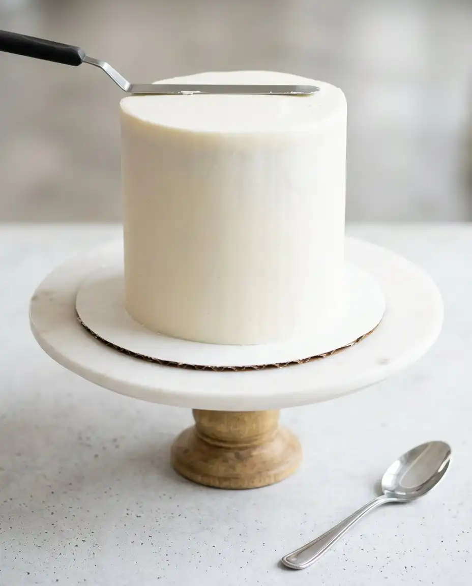 A single slice of Mini Vanilla Layer Cakes served on a floral plate with a vintage fork.