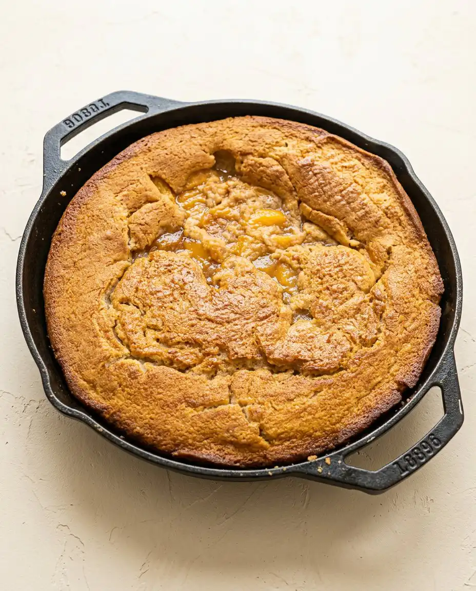 Classic Peach Cobbler Dump Cake 16 A single serving of Classic Peach Cobbler Dump Cake on a white plate with a fork.