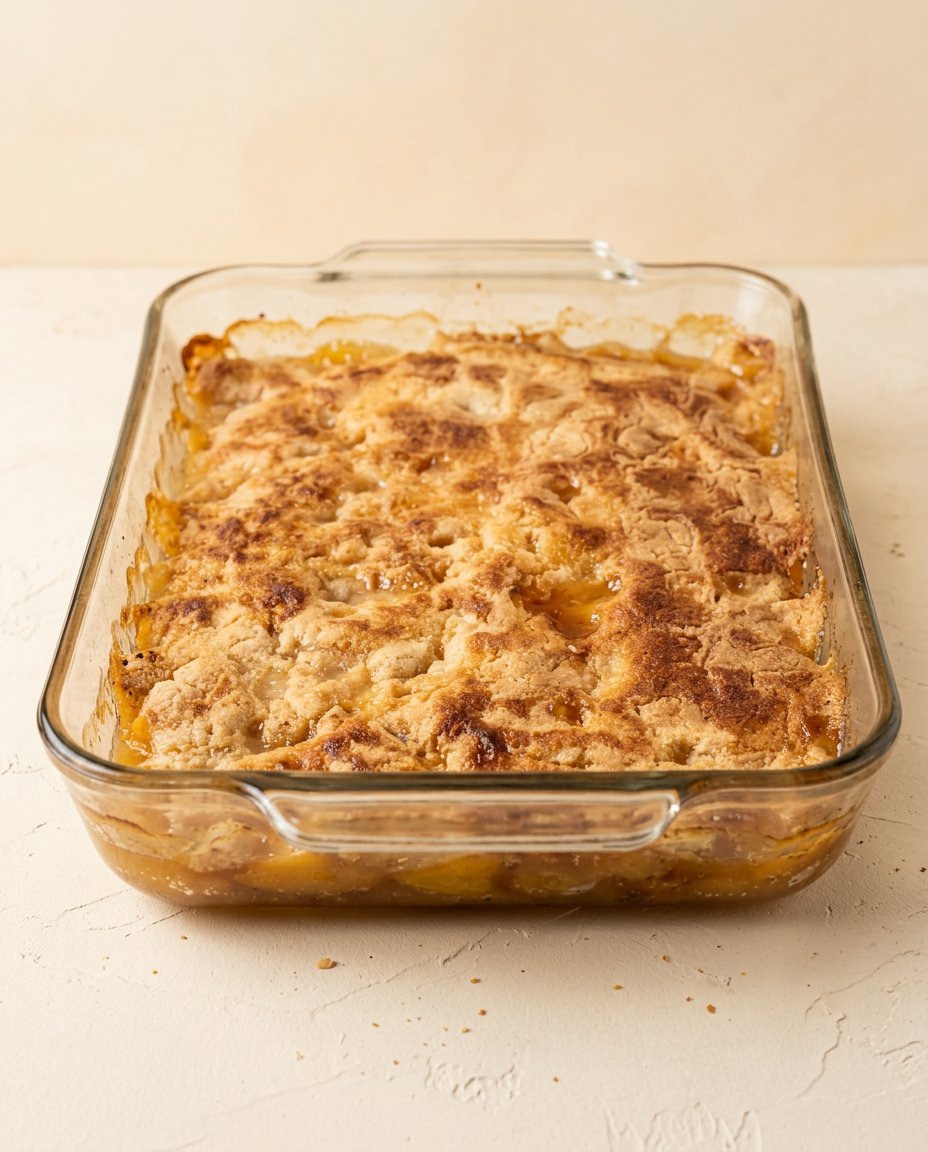 Peach Cobbler with Yellow Cake Mix 16 A served slice of Peach Cobbler with Yellow Cake Mix with a dollop of cream.