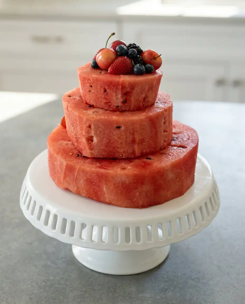 Fresh Watermelon Layer Cake 16 A slice of Fresh Watermelon Layer Cake on a plate with fresh berries and a fork.