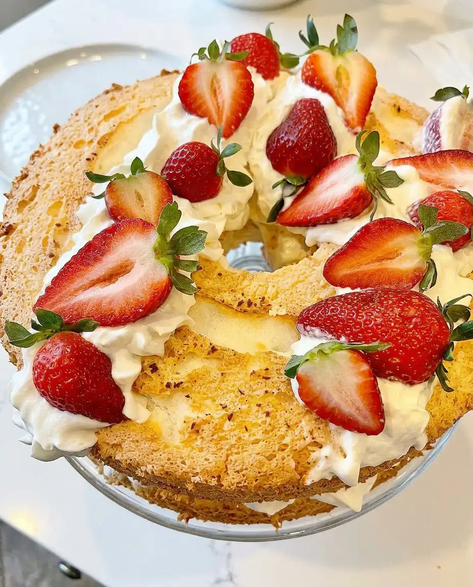 A close up shot of a slice of angel food cake with berries and coconut cream on a white plate.