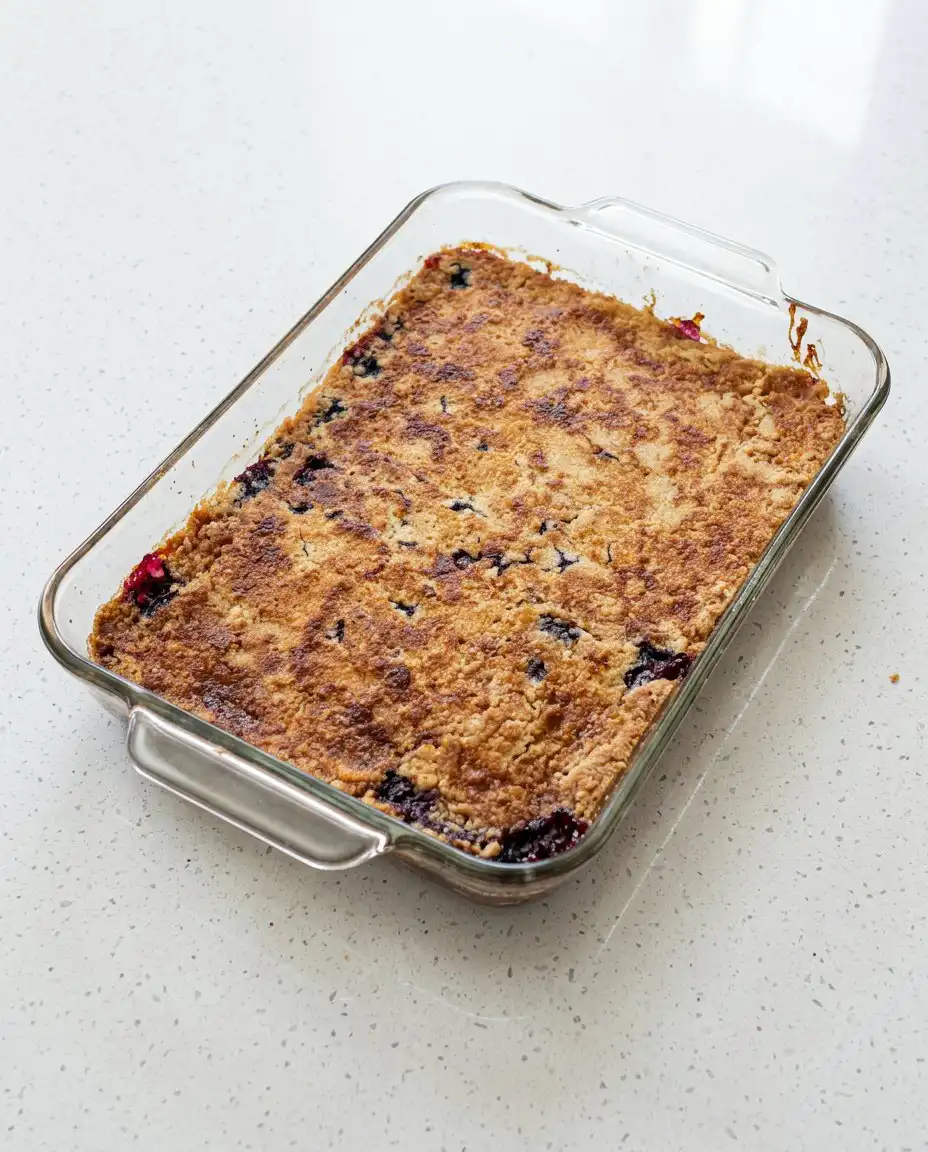 A slice of Blackberry Dump Cake with Cake Mix served with a scoop of vanilla ice cream.