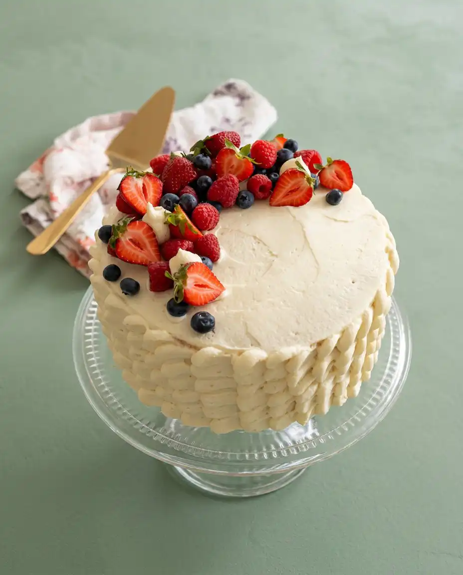 Chantilly Cake 16 A whole Chantilly Cake decorated with blueberries and strawberries on a white platter.