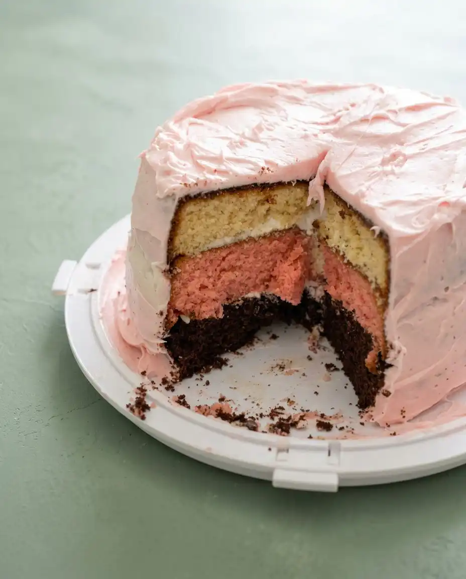 Neapolitan Anniversary Cake 16 A single slice of Neapolitan Anniversary Cake served on a white plate